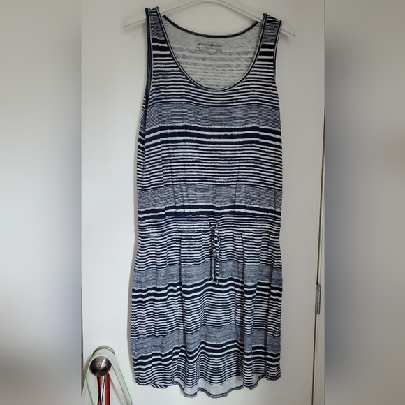 Eddie Bauer Navy and White Variegated Striped Belted Cotton Dress, XL, 16-18 - Picture 1 of 3